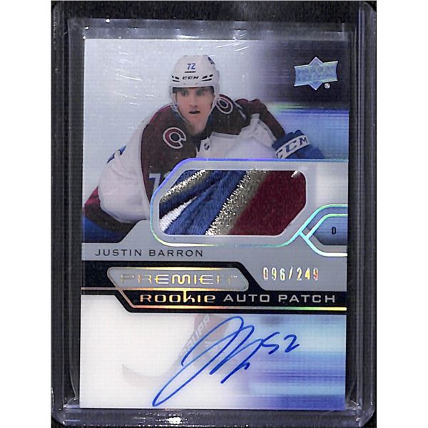 2021-22 Upper Deck Premier Acetate Rookie Patch Autographs #ARJB Justin Barron 96/249 BV $75