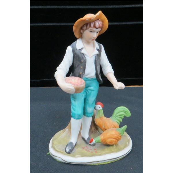 Vintage Flambro Farm Boy Feeding Chickens Porcelain Figurine 7" Tall