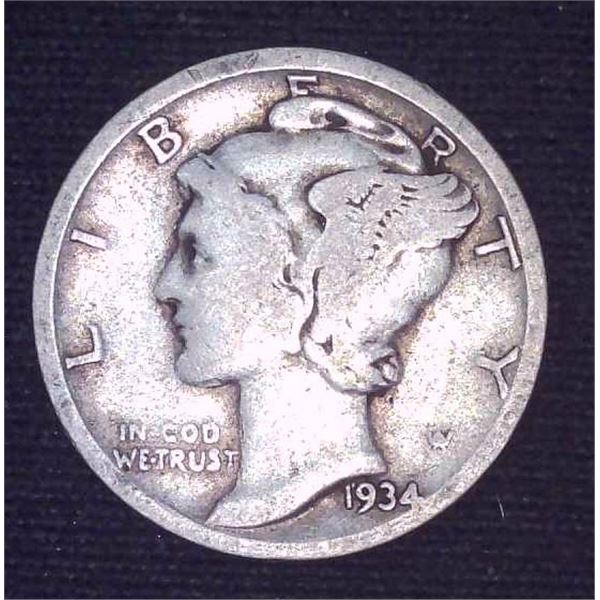 1934 USA Silver 10 Cent Coin