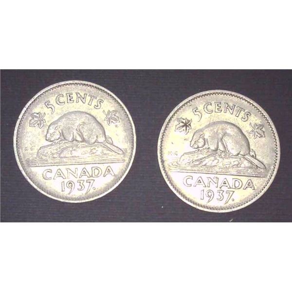 2x Canadian Nickels 1937 Dot
