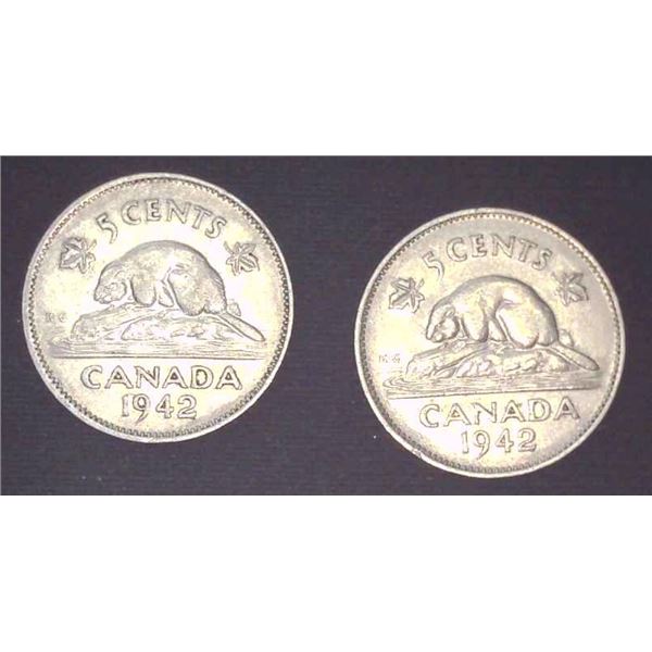 2x Canadian Nickels 1942