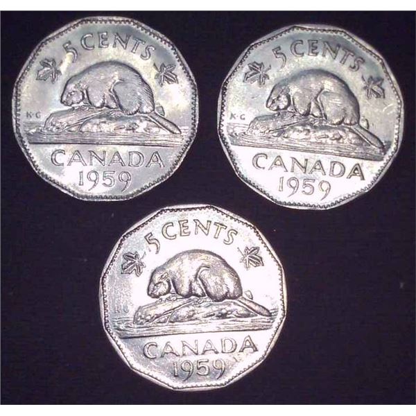 3x Canadian Nickels 1959