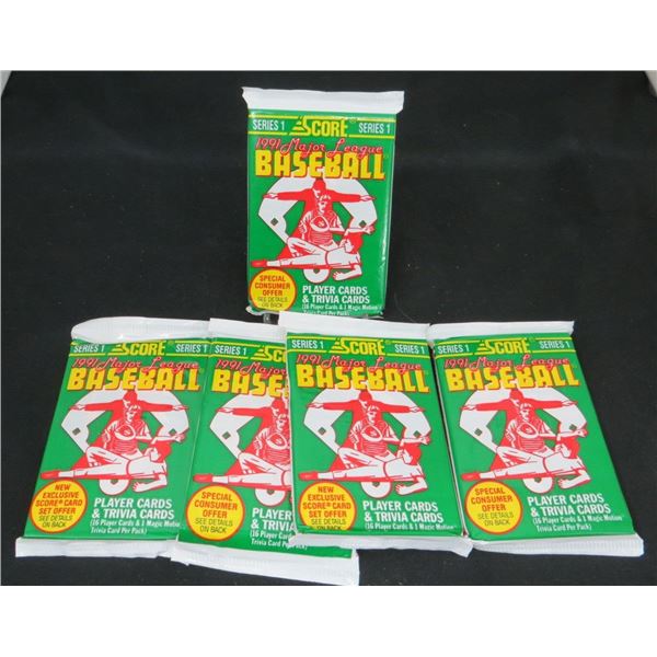 5 Sealed Packs of 1991 Score Baseball 16 Cards Per Pack