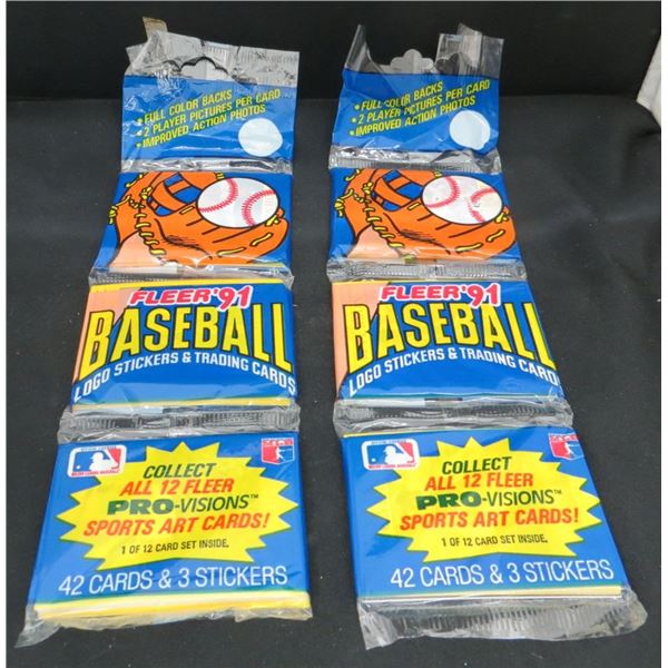 2x 1991 Fleer Baseball MLB Cello Rack Packs 42 Cards & 3 Stickers