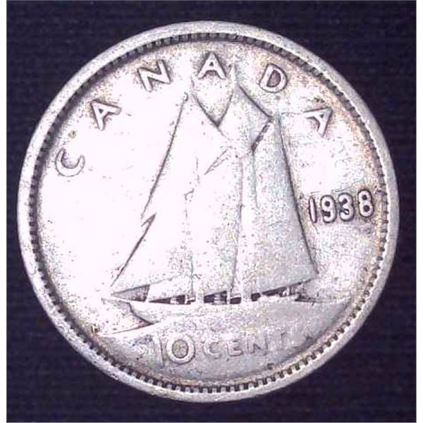 1938 Canadian Silver 10 Cent Coin