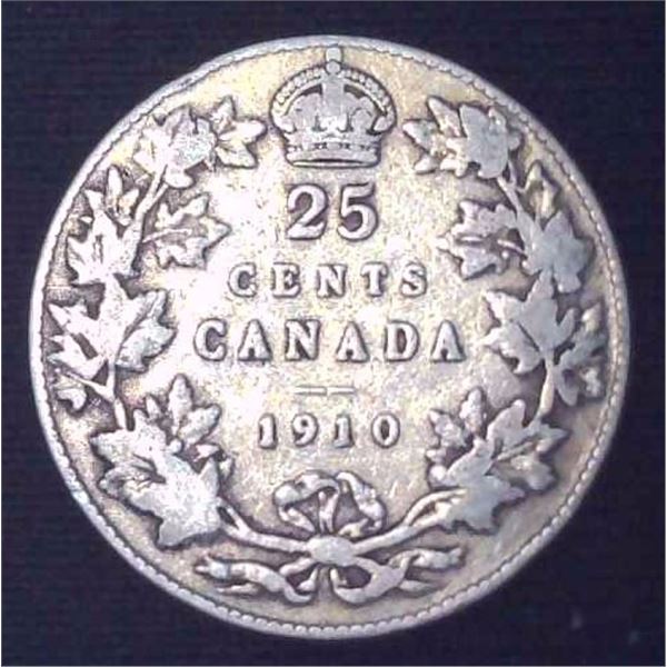 1910 Canadian Silver 25 Cent Coin