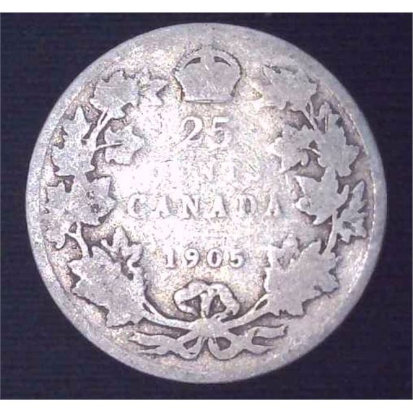 1905 Canadian Silver 25 Cent Coin