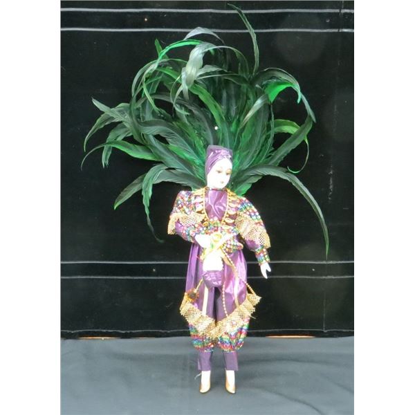 Porcelain Carnival Mardigras Doll With Feathers 23" Tall