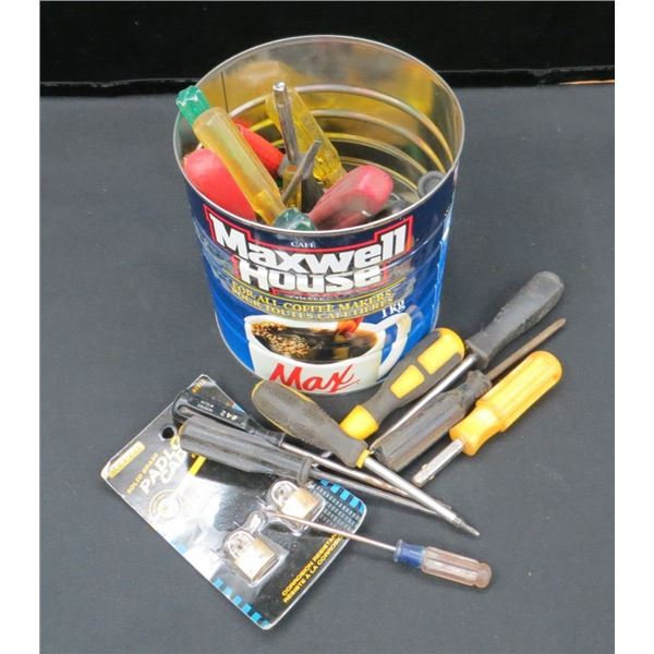 Coffee Can Full Of Various Screw Drivers & Set Of new Locks