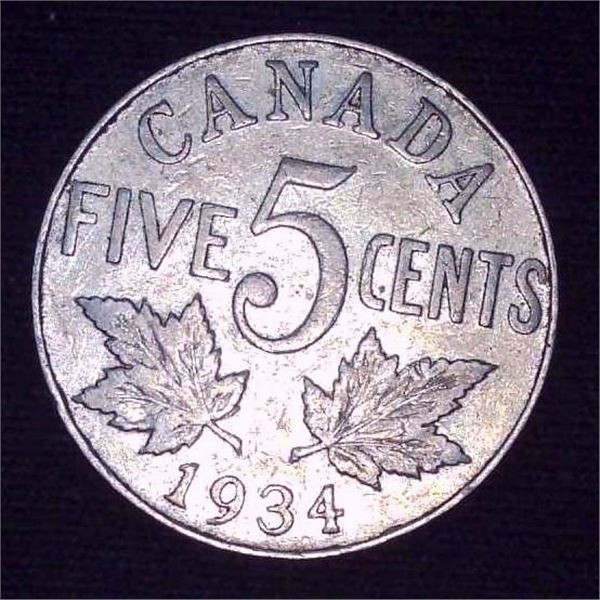 1934 Canadian 5 Cent Coin