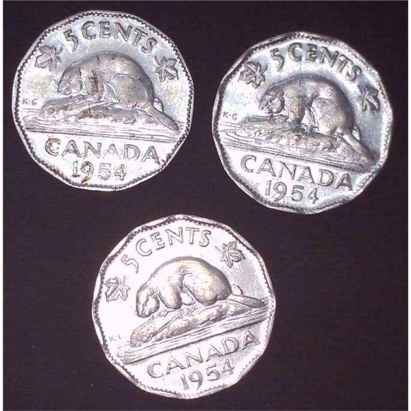 3x Canadian Nickels 1954