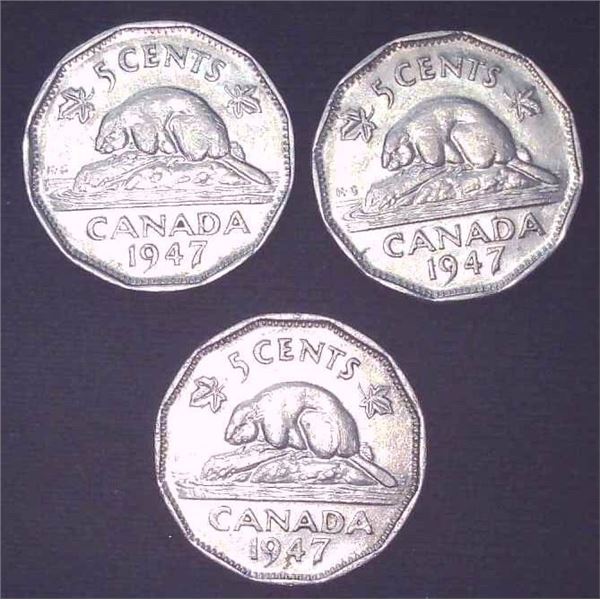 3x Canadian Nickels 1947