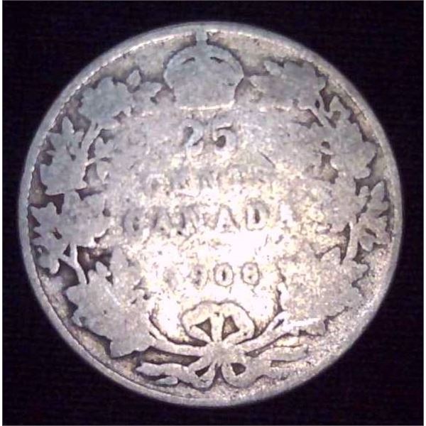 1908 Canadian Silver 25 Cent Coin