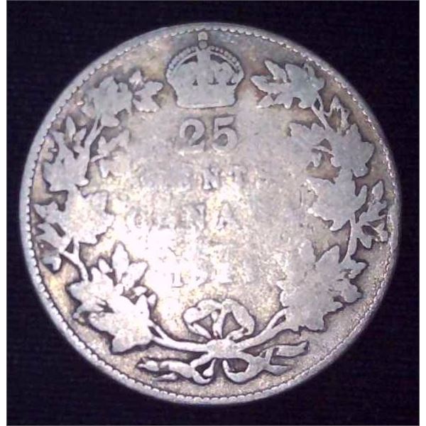 1911 Canadian Silver 25 Cent Coin