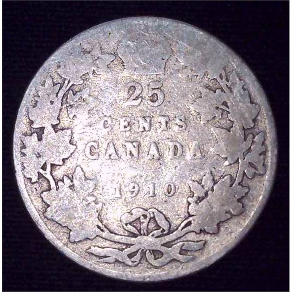 1910 Canadian Silver 25 Cent Coin