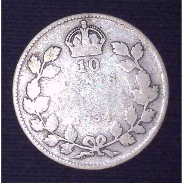1934 Canadian Silver 10 Cent Coin