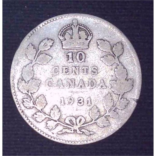 1931 Canadian Silver 10 Cent Coin