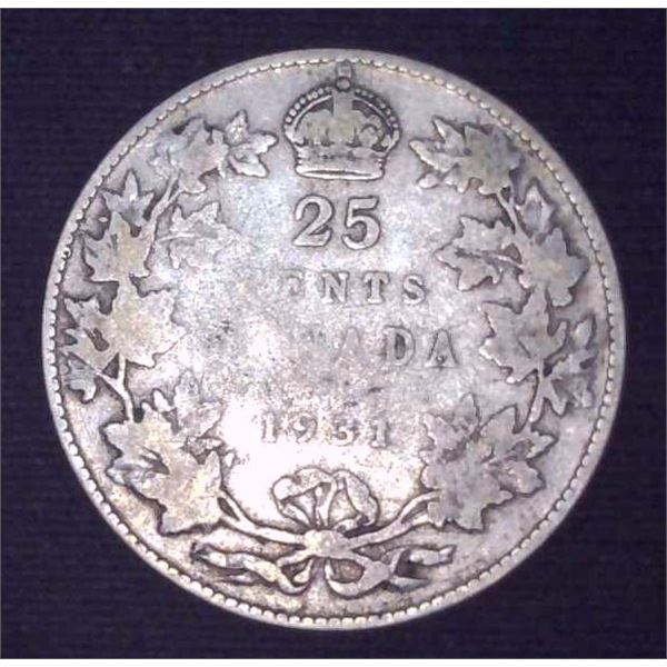 1931 Canadian Silver 25 Cent Coin