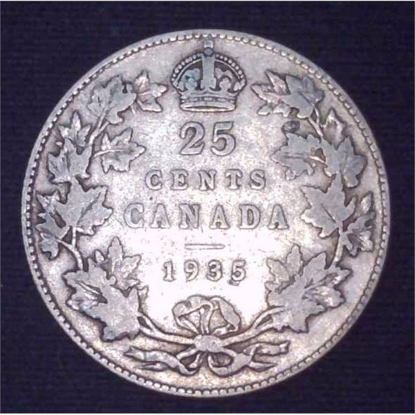 1935 Canadian Silver 25 Cent Coin