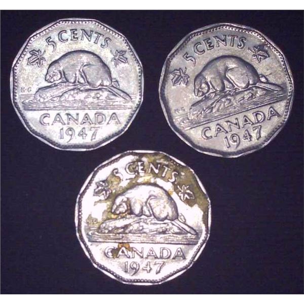 3x Canadian Nickels 1947