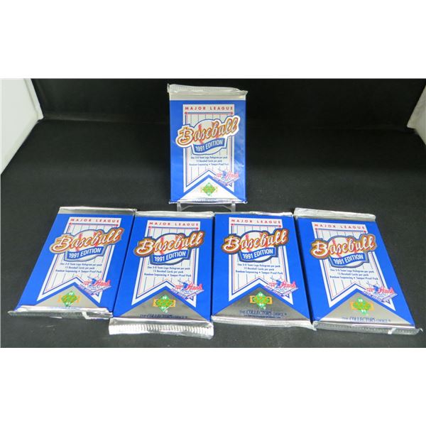 5 Sealed Packs Of 1991 Upper Deck Baseball 15 Cards Per Pack + 1 Hologram