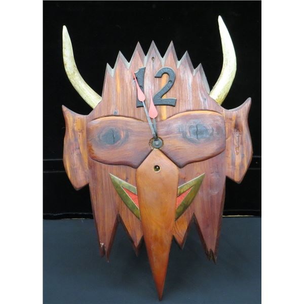 Hand Carved Wooden Folk Art Clock 19" Long x 14" Wide