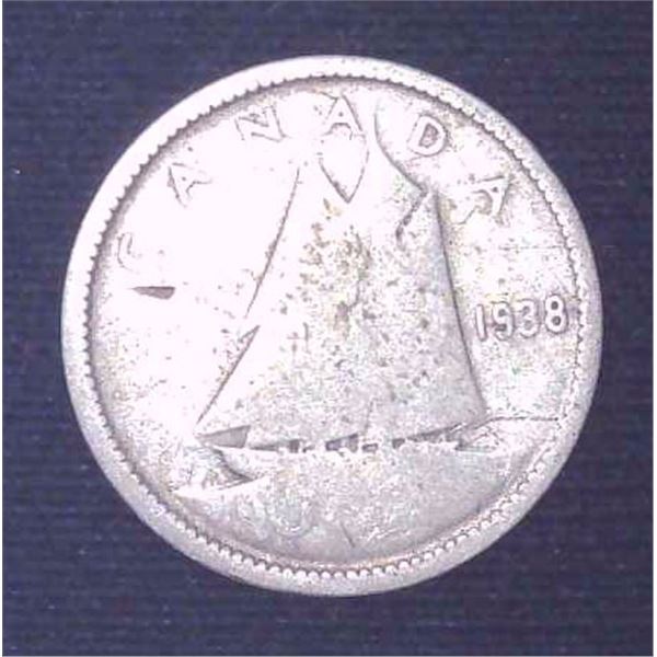 1938 Canadian Silver 10 Cent Coin
