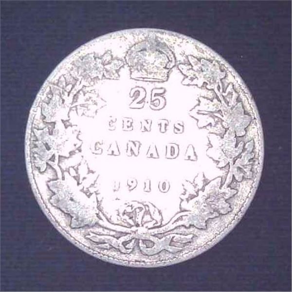1910 Canadian Silver 25 Cent Coin