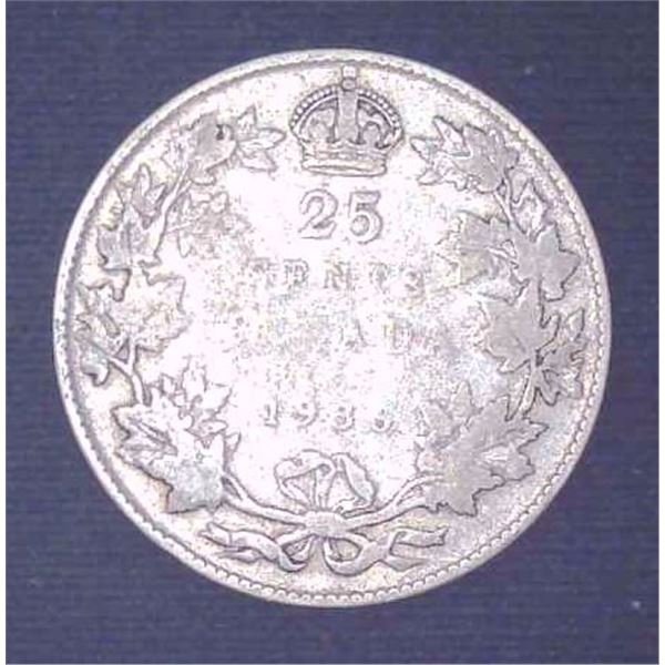 1936 Canadian Silver 25 Cent Coin