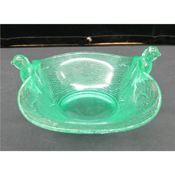 Vintage Green Depression Uranium Glass Dish with Flying Birds