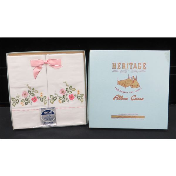 Vintage New Heritage Embroidered Pillow Case Set With Original Box