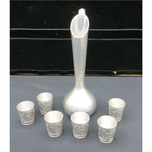 Pewter Slender Pitcher & 6 Pewter Shot Glasses