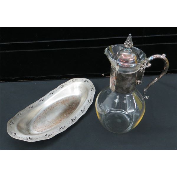 E.P. Copper Tray 13" Long & Glass Water Pitcher 11" Tall