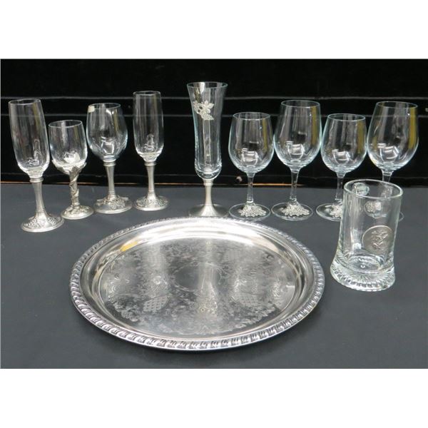 Round Platter With Various Glasses With Pewter Accents