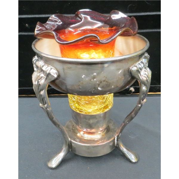 Vintage Amber Crackled Glass Vase With Silver Plated Holder