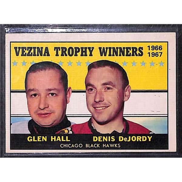1967-68 Topps #65 Glenn Hall/Denis DeJorday Vezina Trophy BV $35