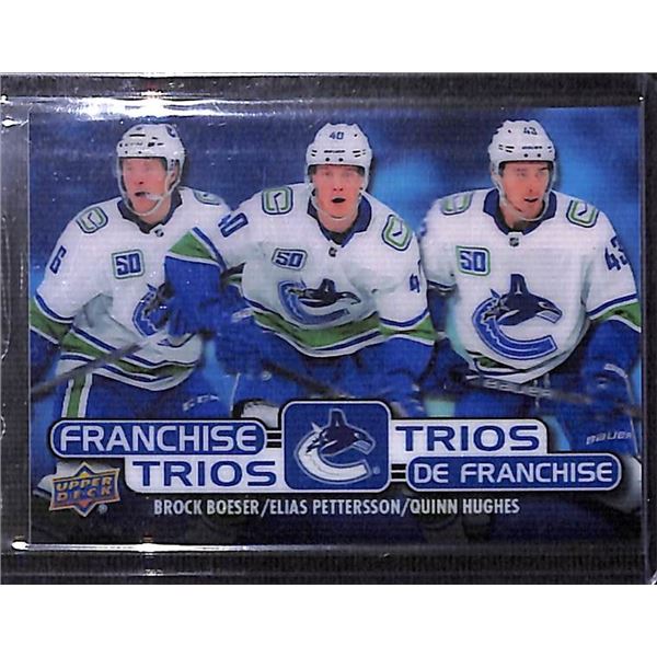 2020-21 Upper Deck Tim Hortons Franchise Trios #T5 Brock Boeser/Elias Pettersson/Quinn Hughes BV $50