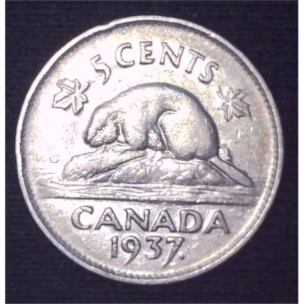 1937 Canadian Dot Nickel 5 Cent Coin