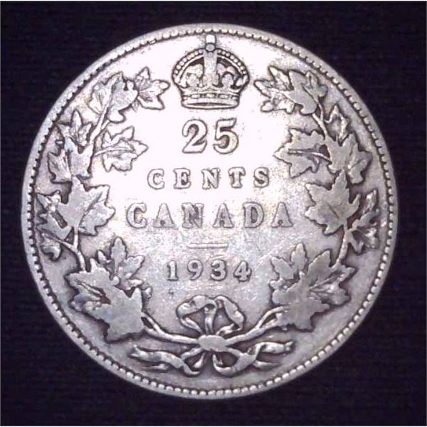 1934 Canadian Silver 25 Cent Coin