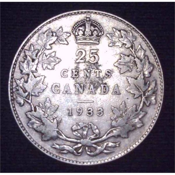 1933 Canadian Silver 25 Cent Coin