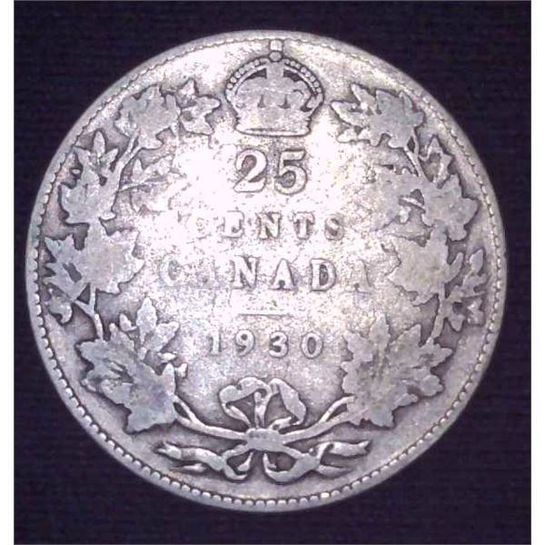 1930 Canadian Silver 25 Cent Coin