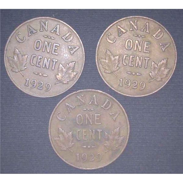 3x Canadian Pennies 1929