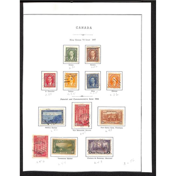 Page Of Donated Canadian Stamps 1937
