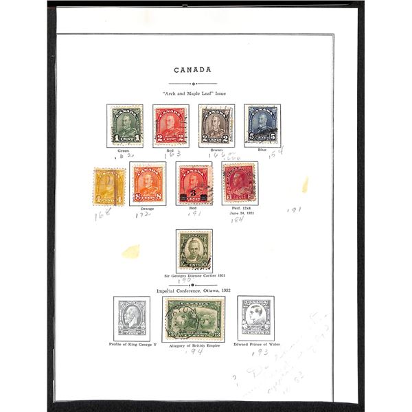 Page Of Donated Canadian Stamps 1931-1932