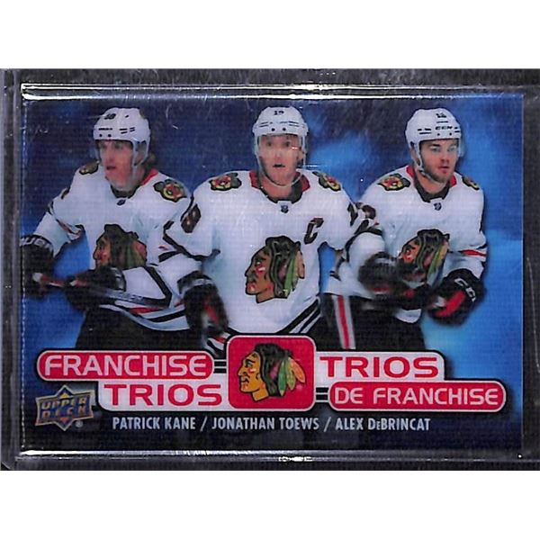2020-21 Upper Deck Tim Hortons Franchise Trios Patrick Kane/Jonathan Toews/Alex DeBrincat BV $45
