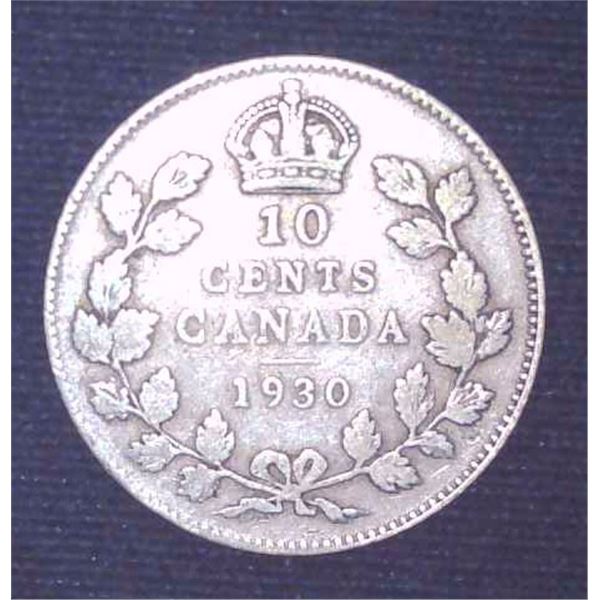 1930 Canadian Silver 10 Cent Coin