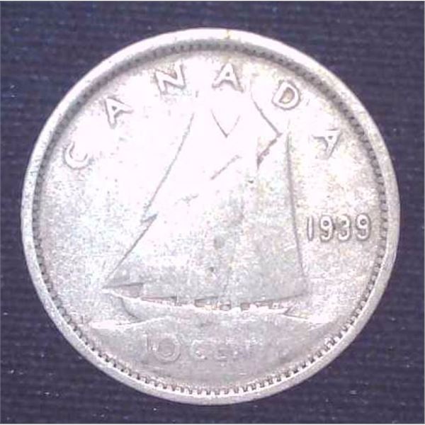 1939 Canadian Silver 10 Cent Coin