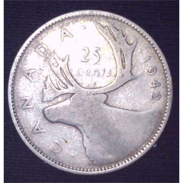 1942 Canadian Silver 25 Cent Coin