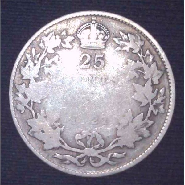 1921 Canadian Silver 25 Cent Coin