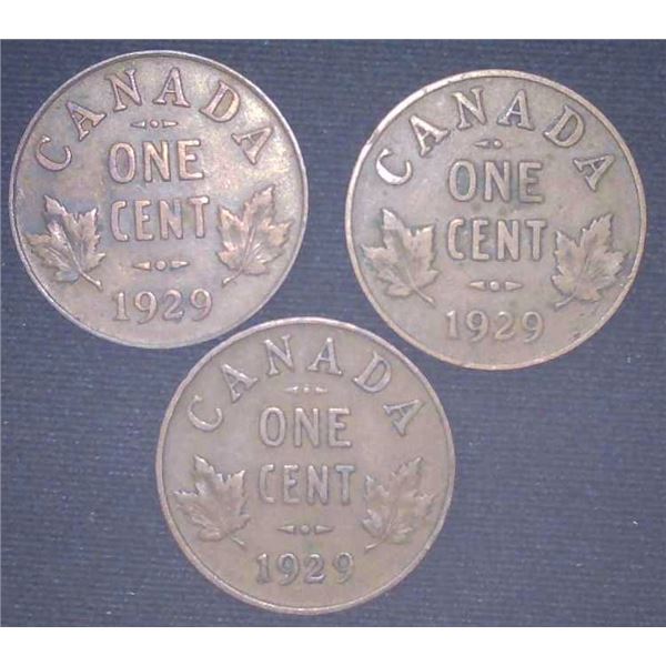3x Canadian Pennies 1929